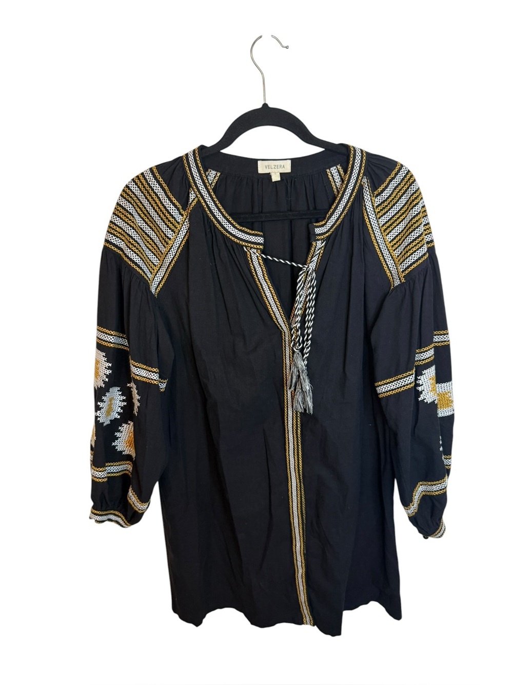 Velzera Black Embroidered Snap Front Bohemian Tunic Top
